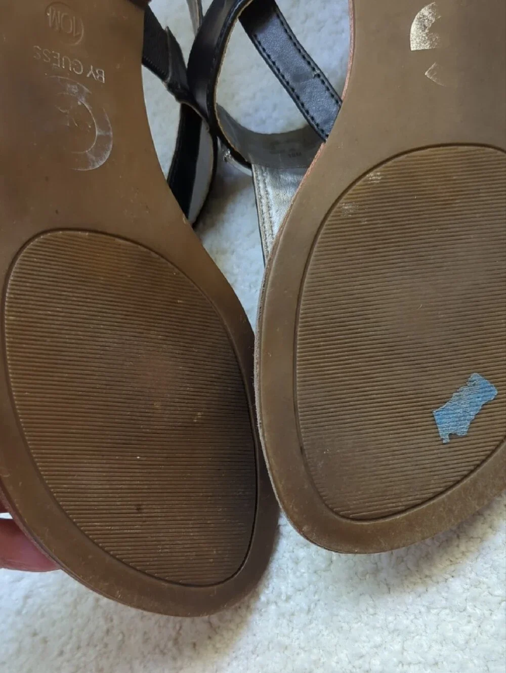 G by Guess Brown and Black T-Strap Sandals with G Hardware